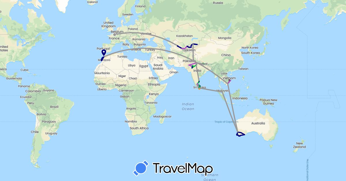 TravelMap itinerary: driving, bus, plane, train, hiking, hitchhiking, motorbike in Australia, France, India, Kyrgyzstan, Sri Lanka, Morocco, Malaysia, Nepal, Uzbekistan, Vietnam (Africa, Asia, Europe, Oceania)